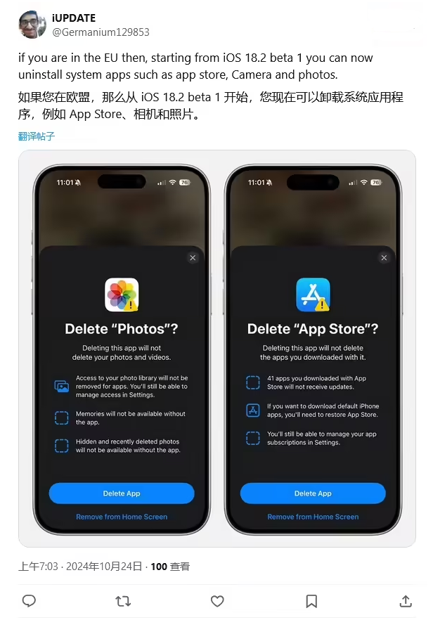 威海苹果手机维修分享iOS 18.2 支持删除 App Store 应用商店 