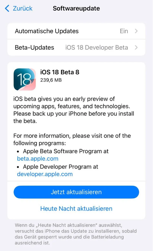 威海苹果手机维修分享苹果 iOS / iPadOS 18 开发者预览版 Beta 8 发布 